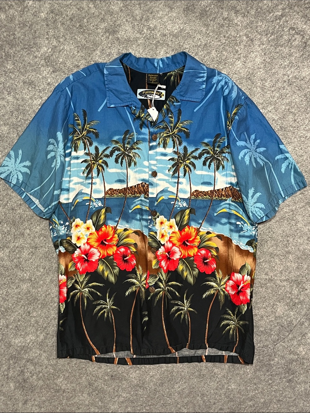 Blue and Black Hawaiian Button-Down Shirt with Red Floral Accents